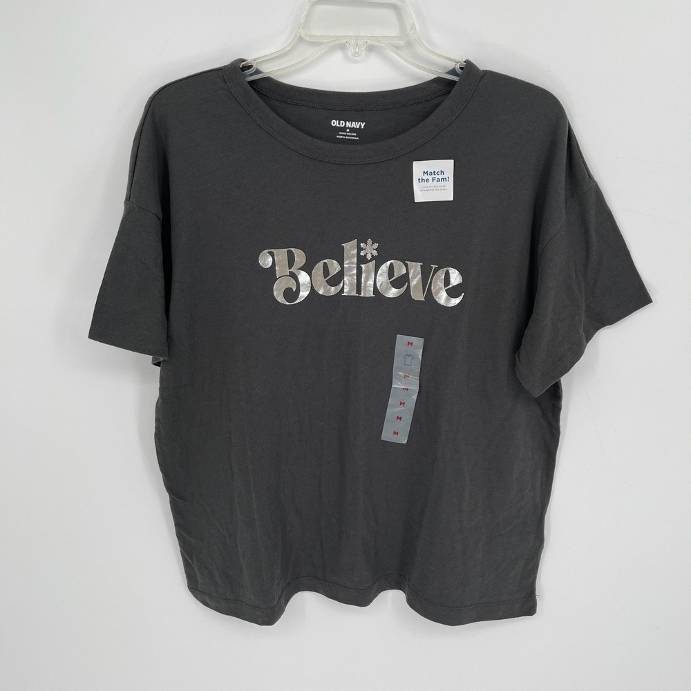 Old Navy NWT Women's Gray Believe Snowflake Graphic Tee‎ Shirt Size Medium